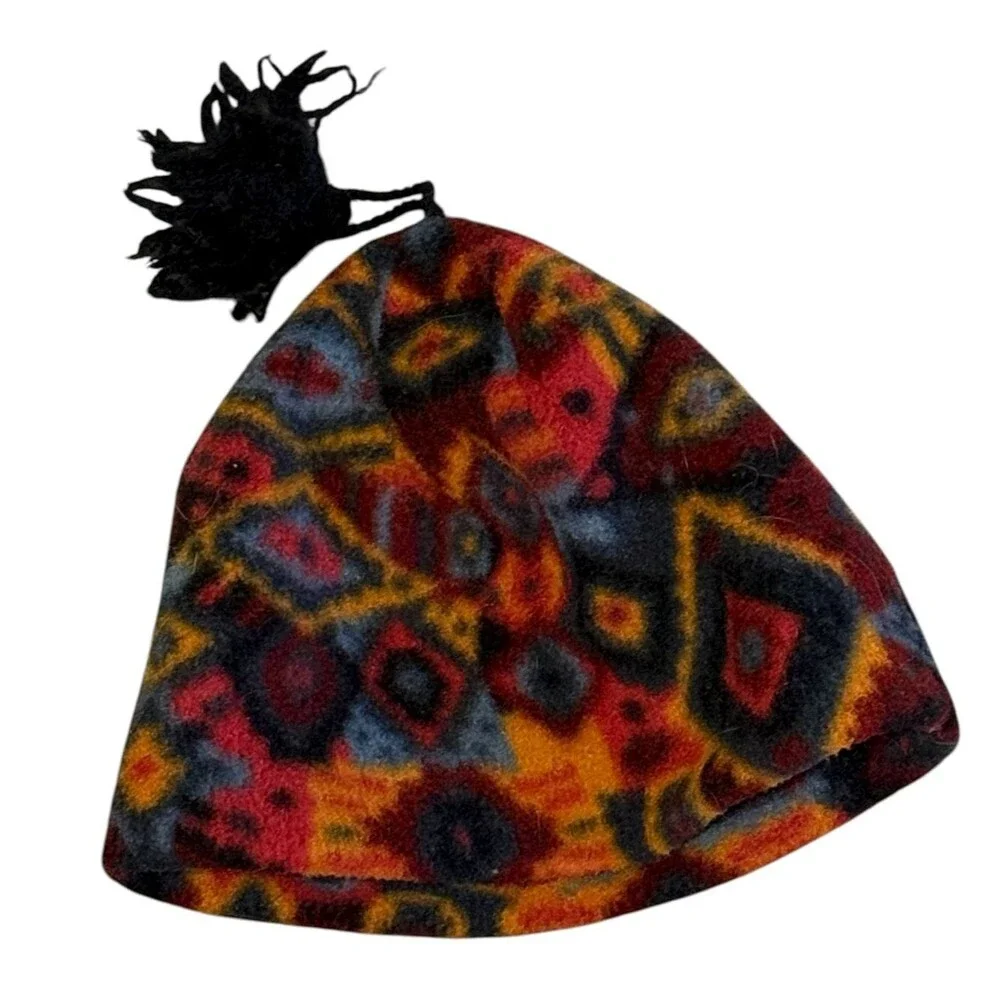 Vintage 90s Y2K Black Canyon Fleece Beanie Snowboard Ski Hat Geometric Aztec Cap